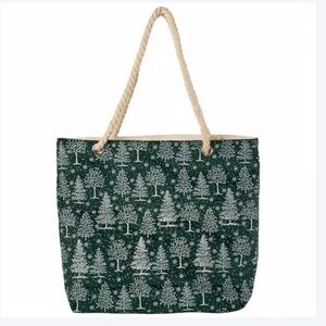 NWT Renshun Sparkly Christmas Tree Print Canvas Tote Bag with Rope Handle